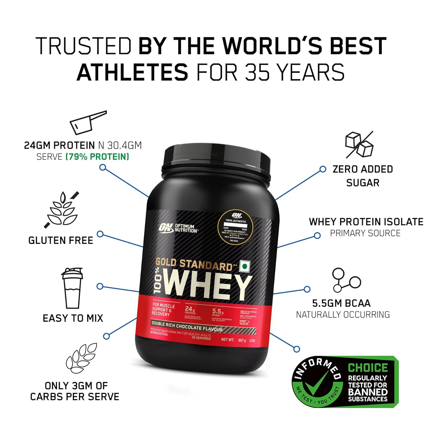 Optimum Nutrition (ON) Gold Standard 100% Whey Protein Powder 2 lbs, 907 g (Double Rich Chocolate)