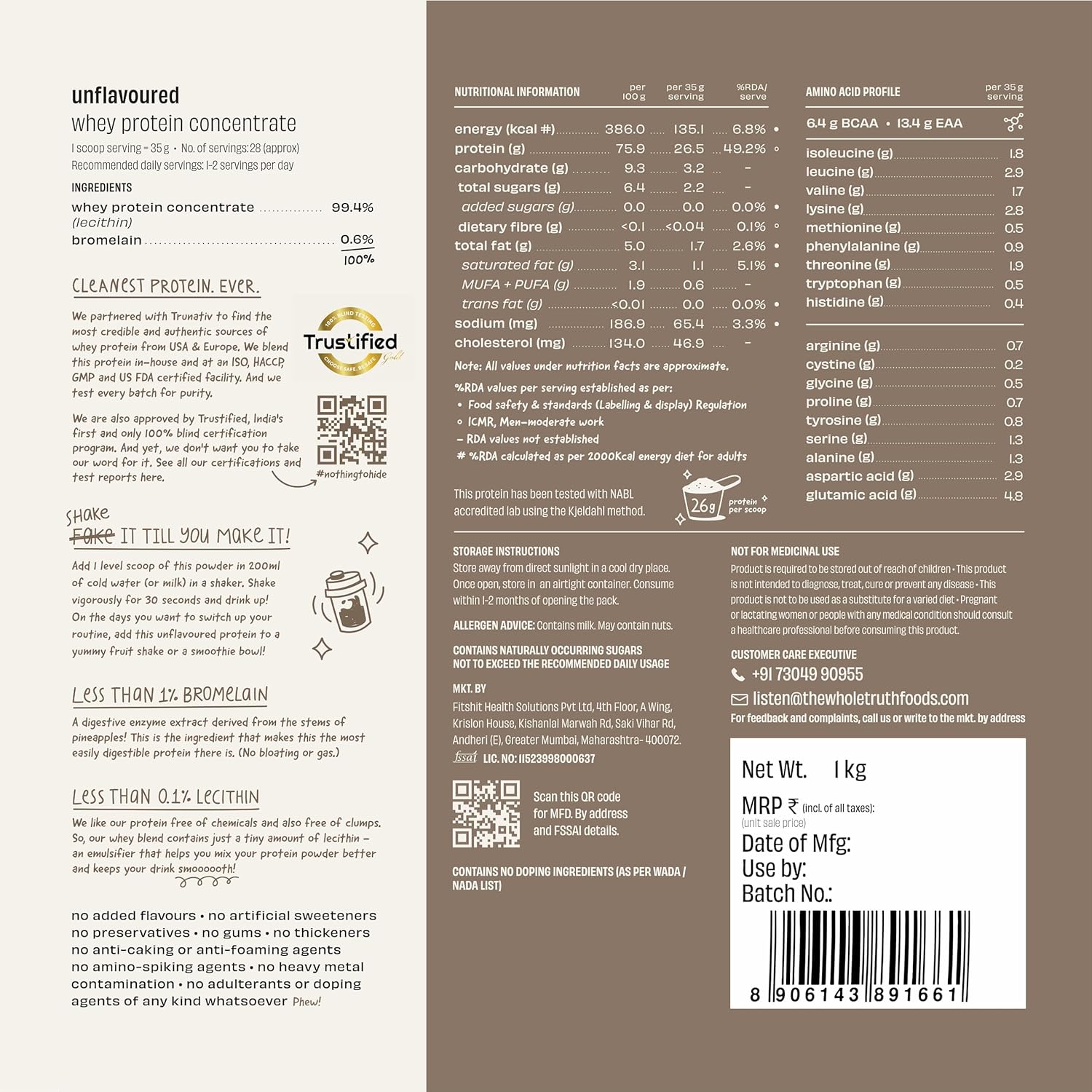 The Whole Truth Whey Protein Concentrate Unflavoured |1 kg (2.2 lbs) | 26g Protein per scoop